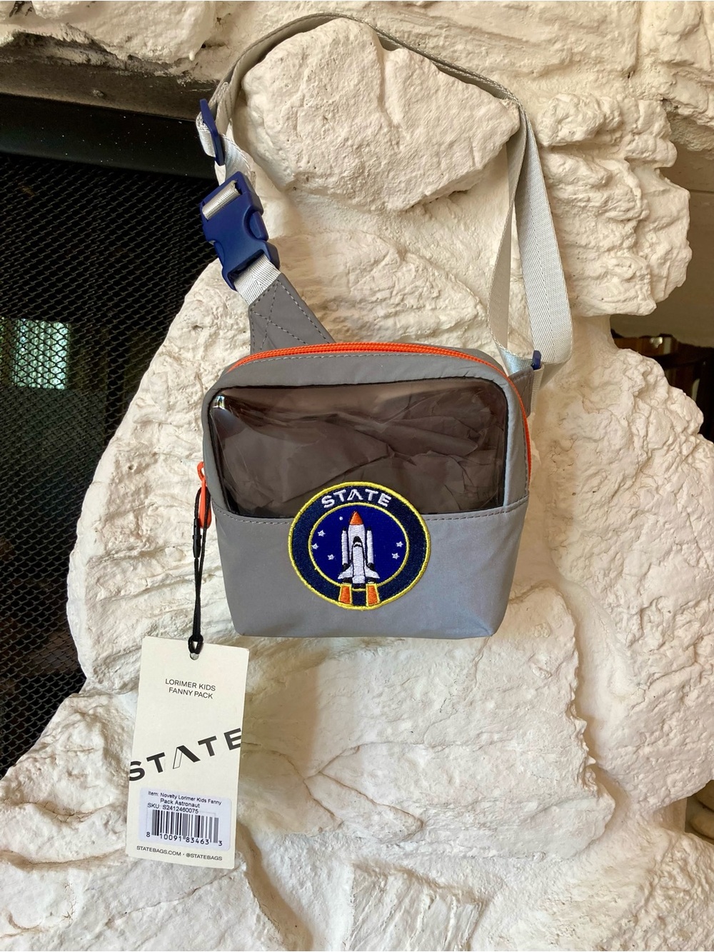 NWT State Lorimer kids fanny pack/sling bag w/ playful astronaut rocket patch